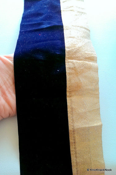 Blue Velvet Trim With Gold Shimmer Border Piping 1 Yard Approx 12 cm Wide